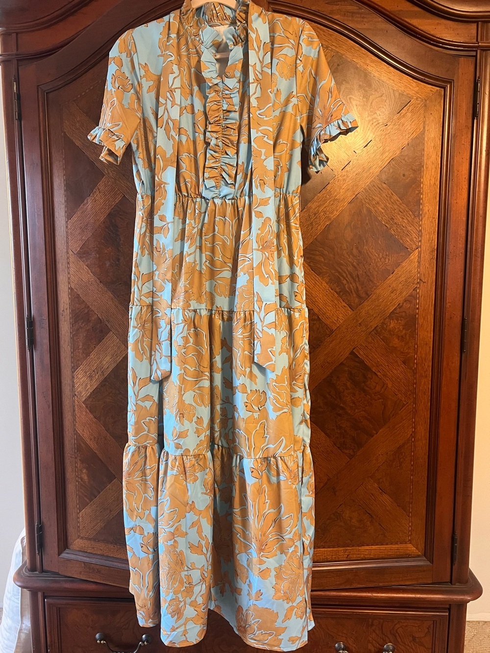 Blue and Mustard Floral Ruffle Tiered Maxi Dress